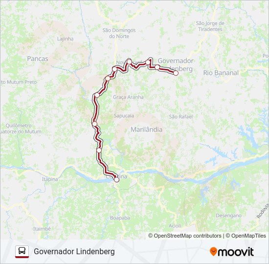 Mapa da linha 366 COLATINA / GOVERNADOR LINDENBERG (VIA NOVO BRASIL) de ônibus