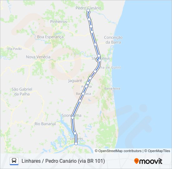 Mapa da linha 183 LINHARES / PEDRO CANÁRIO (VIA BR 101) de ônibus