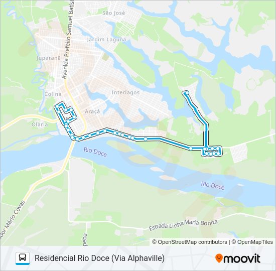 Mapa da linha 1650 CENTRO / RESIDENCIAL RIO DOCE de ônibus
