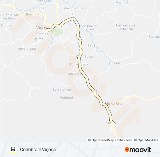 Mapa da linha VIÇOSA X COIMBRA de ônibus