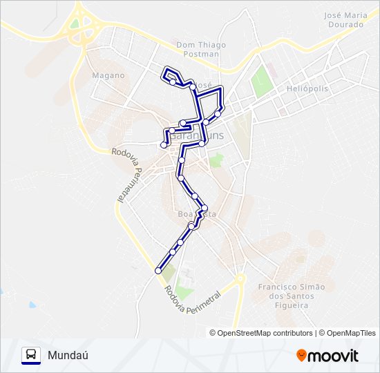 Mapa da linha 011 MUNDAÚ de ônibus