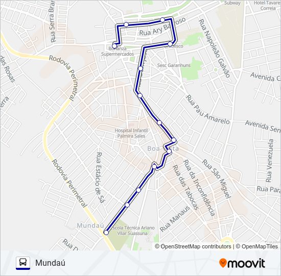 Mapa da linha 011 MUNDAÚ de ônibus