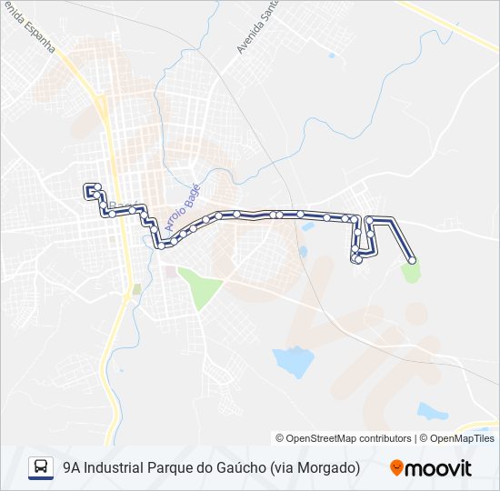 Mapa da linha 9A INDUSTRIAL PARQUE DO GAÚCHO (VIA MORGADO) de ônibus