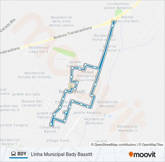 Mapa da linha BDY de ônibus