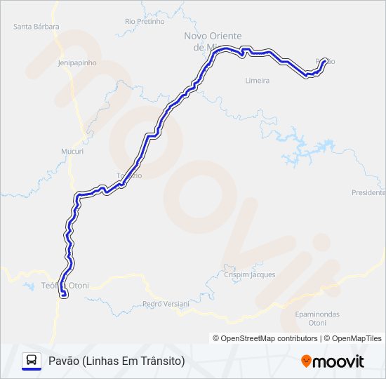 Mapa da linha 3088 TEÓFILO OTONI/PAVÃO de ônibus