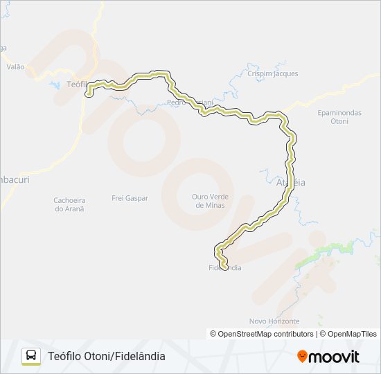 Mapa da linha 4457 TEÓFILO OTONI/FIDELÂNDIA de ônibus