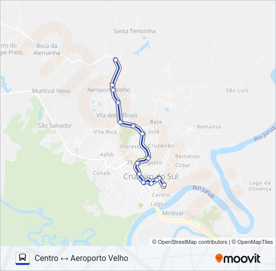 Mapa da linha 011 CENTRO - AEROPORTO VELHO de ônibus