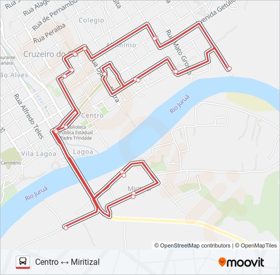 Mapa da linha 010 CENTRO - MIRITIZAL de ônibus