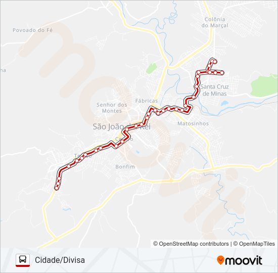 Mapa da linha 02 CIDADE/DIVISA de ônibus