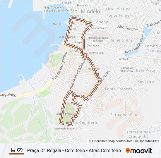 Mapa da linha do autocarro C9.