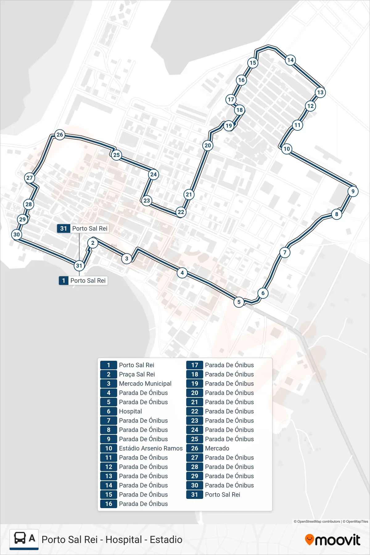 A bus Line (Porto Sal Rei - Hospital - Estadio) route and stops on a map
