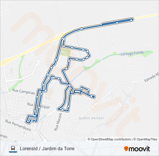 Mapa da linha LORENSID / JARDIM DA TORRE de ônibus