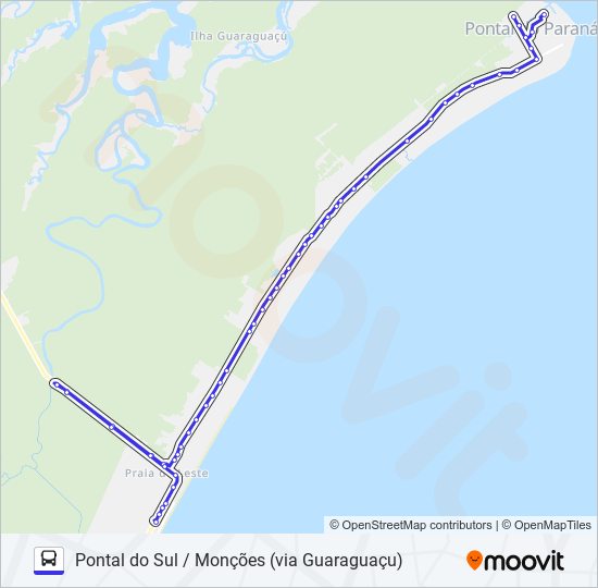 Mapa da linha 002 PONTAL DO SUL / MONÇÕES (VIA GUARAGUAÇU) de ônibus