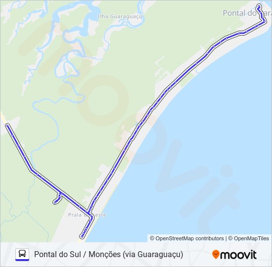 Mapa da linha 002 PONTAL DO SUL / MONÇÕES (VIA GUARAGUAÇU) de ônibus