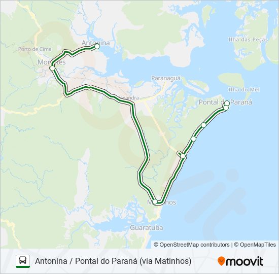 Mapa da linha 1543-500 ANTONINA / PONTAL DO PARANÁ (VIA MATINHOS) de ônibus