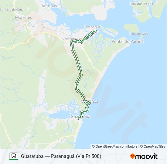 Mapa da linha 0066-4A0 PARANAGUÁ / GUARATUBA (VIA PR 508) de ônibus