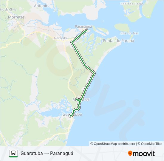 Mapa da linha 0066-4A0 PARANAGUÁ / GUARATUBA (VIA PRAIA DE LESTE) de ônibus