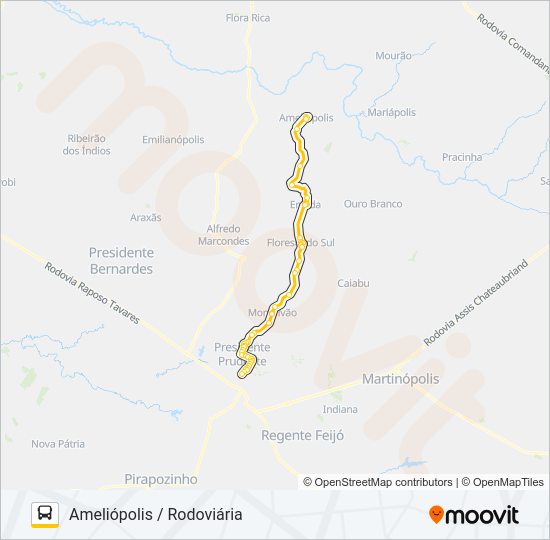 Mapa da linha 131 AMELIÓPOLIS / RODOVIÁRIA de ônibus