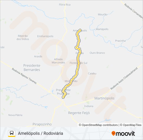 Mapa da linha 131 AMELIÓPOLIS / RODOVIÁRIA de ônibus