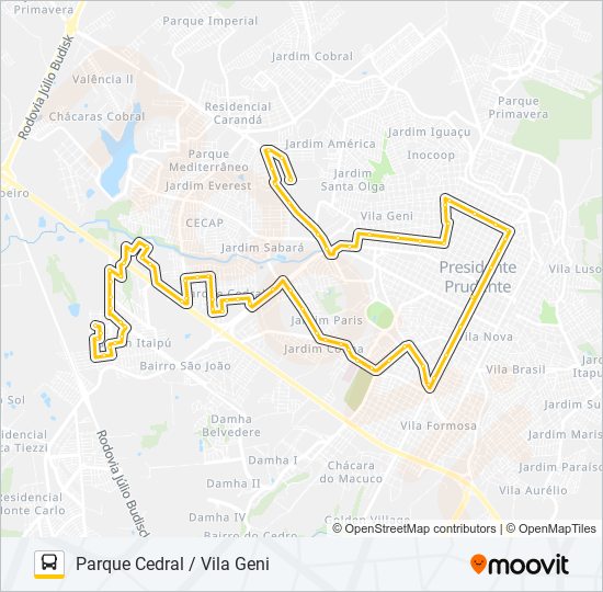 Mapa da linha 121 PARQUE CEDRAL / VILA GENI de ônibus
