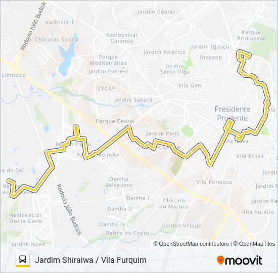 Mapa da linha 116 JARDIM SHIRAIWA / VILA FURQUIM de ônibus