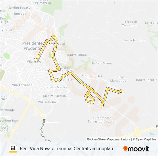 Mapa da linha 136 RES. VIDA NOVA / TERMINAL CENTRAL VIA IMOPLAN de ônibus