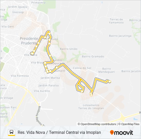 Mapa da linha 136 RES. VIDA NOVA / TERMINAL CENTRAL VIA IMOPLAN de ônibus
