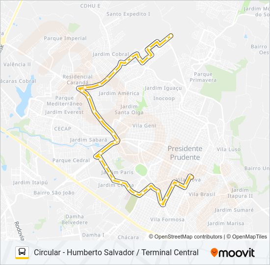 Mapa da linha 135 CIRCULAR - HUMBERTO SALVADOR / TERMINAL CENTRAL de ônibus