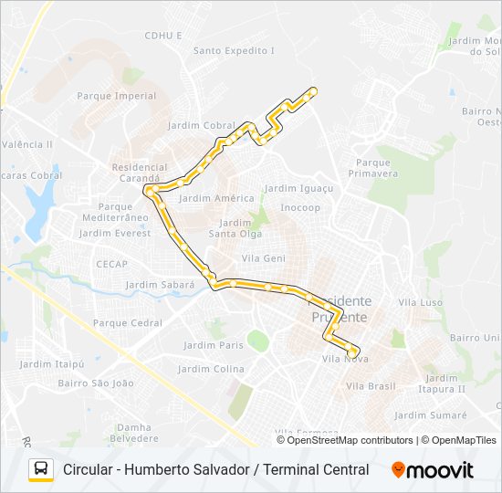 Mapa da linha 135 CIRCULAR - HUMBERTO SALVADOR / TERMINAL CENTRAL de ônibus