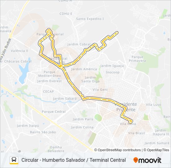 Mapa da linha 135 CIRCULAR - HUMBERTO SALVADOR / TERMINAL CENTRAL de ônibus
