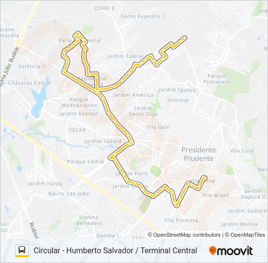 Mapa da linha 135 CIRCULAR - HUMBERTO SALVADOR / TERMINAL CENTRAL de ônibus
