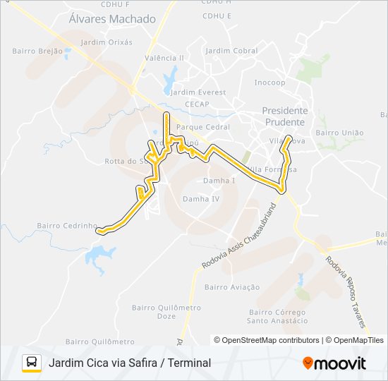 Mapa da linha 104 JARDIM CICA VIA SAFIRA / TERMINAL de ônibus