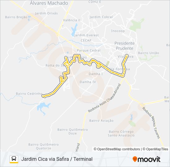 Mapa da linha 104 JARDIM CICA VIA SAFIRA / TERMINAL de ônibus