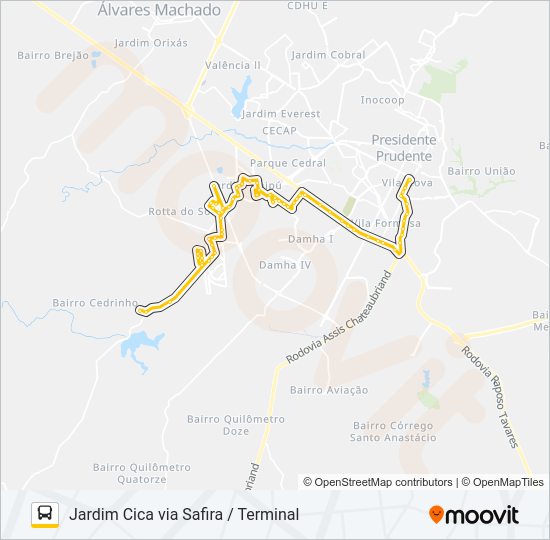 Mapa da linha 104 JARDIM CICA VIA SAFIRA / TERMINAL de ônibus