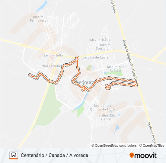 Mapa da linha 320 CENTENÁRIO / CANADA / ALVORADA de ônibus