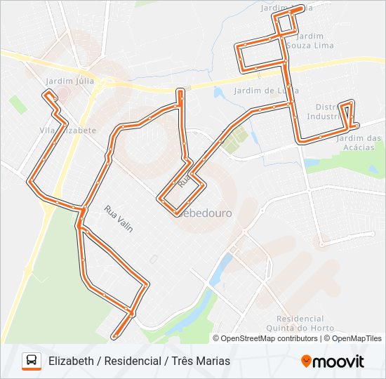 Mapa da linha 410 ELIZABETH / RESIDENCIAL / TRÊS MARIAS de ônibus