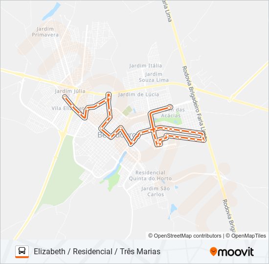 Mapa da linha 410 ELIZABETH / RESIDENCIAL / TRÊS MARIAS de ônibus