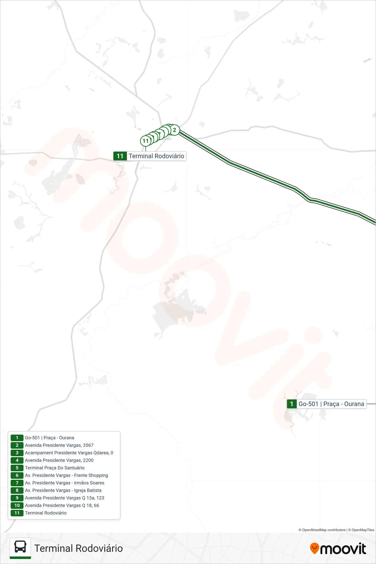 OUR OUROANA bus Line (Terminal Rodoviário) route and stops on a map