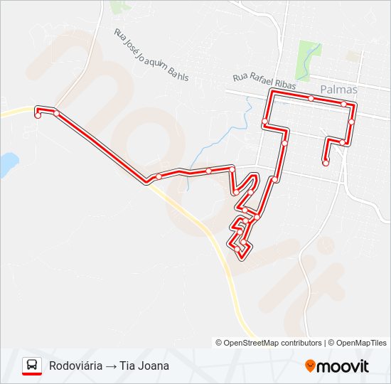 Mapa da linha 002 TIA JOANA / RODOVIÁRIA de ônibus