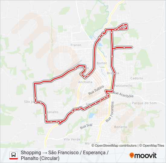 Mapa da linha 118 SHOPPING / SÃO FRANCISCO / ESPERANÇA / PLANALTO de ônibus