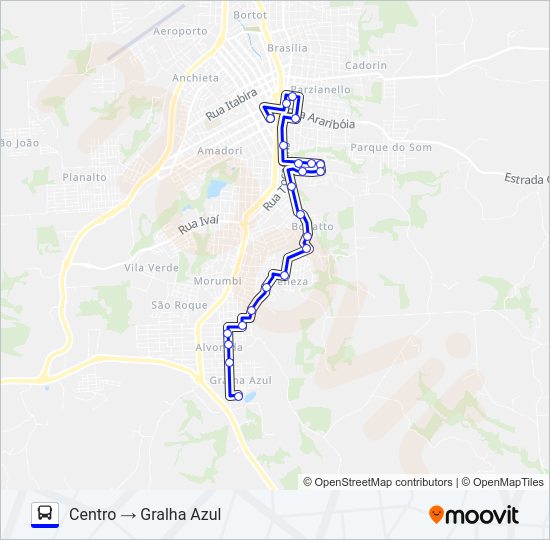 Mapa da linha 108 GRALHA AZUL / CENTRO (VIA BONATTO) de ônibus