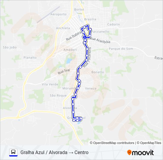 Mapa da linha 103 GRALHA AZUL / CENTRO (VIA ALVORADA) de ônibus