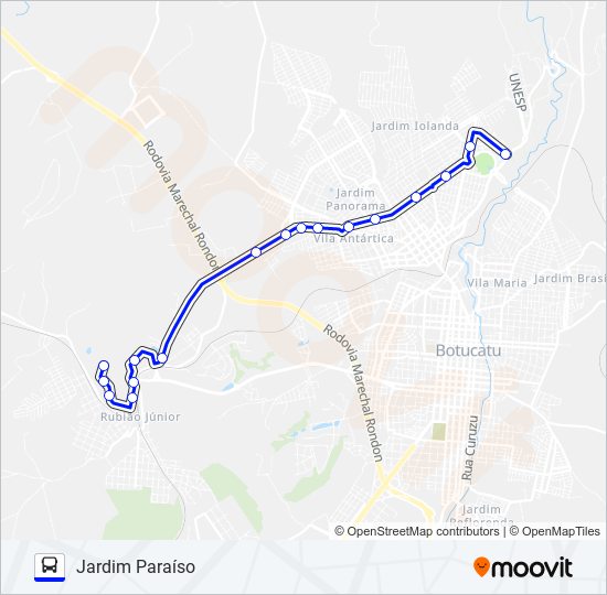 Mapa da linha 217 JARDIM PARAÍSO - UNESP de ônibus