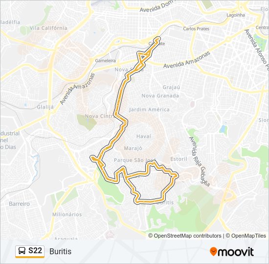 Mapa da linha S22 de ônibus