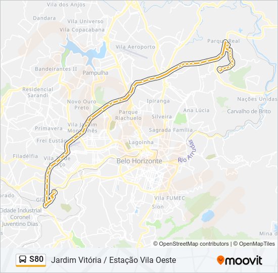 Mapa da linha S80 de ônibus