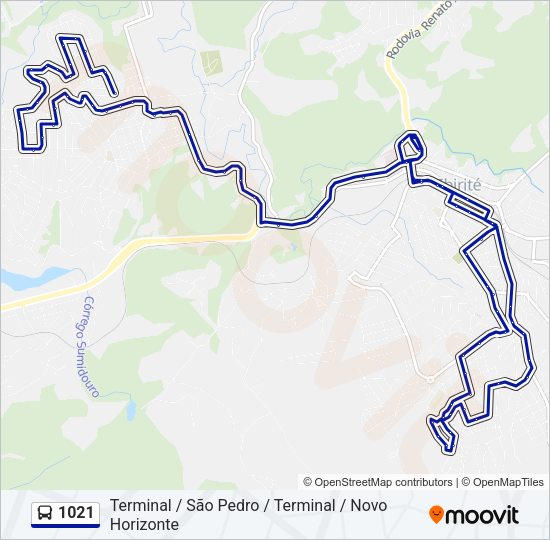 Mapa da linha 1021 de ônibus