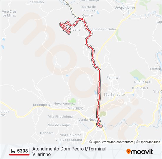 Mapa da linha 5308 de ônibus