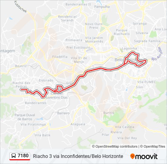 Mapa da linha 7180 de ônibus