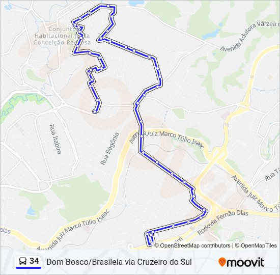 Mapa da linha 34 de ônibus
