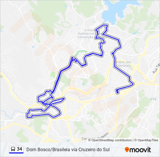 Rota da linha 34: horários, paradas e mapas - - Dom Bosco ⇄ Brasiléia